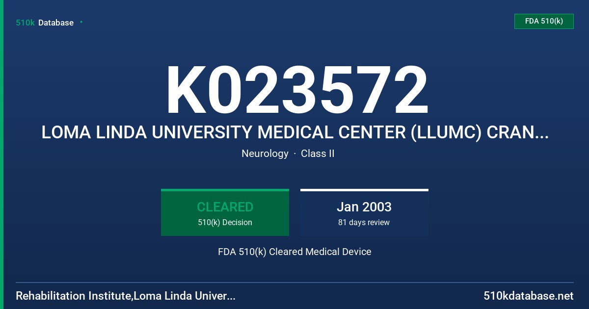 K023572 LOMA LINDA UNIVERSITY MEDICAL CENTER (LLUMC) CRANIAL REMOLDING HELMET FDA 510(k) Cleared Medical Device