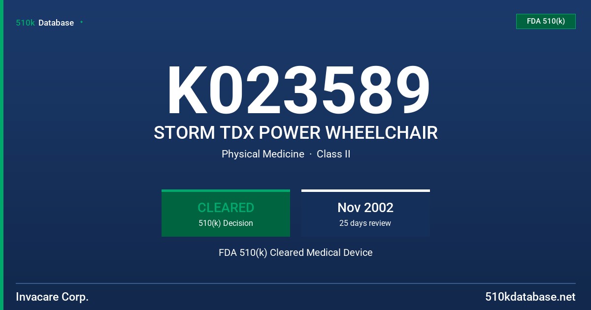 K023589 STORM TDX POWER WHEELCHAIR FDA 510(k) Cleared Medical Device