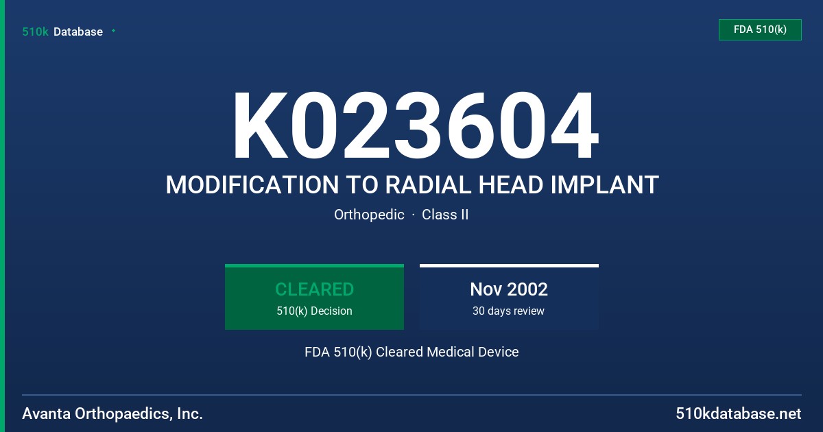 K023604 MODIFICATION TO RADIAL HEAD IMPLANT FDA 510(k) Cleared Medical Device