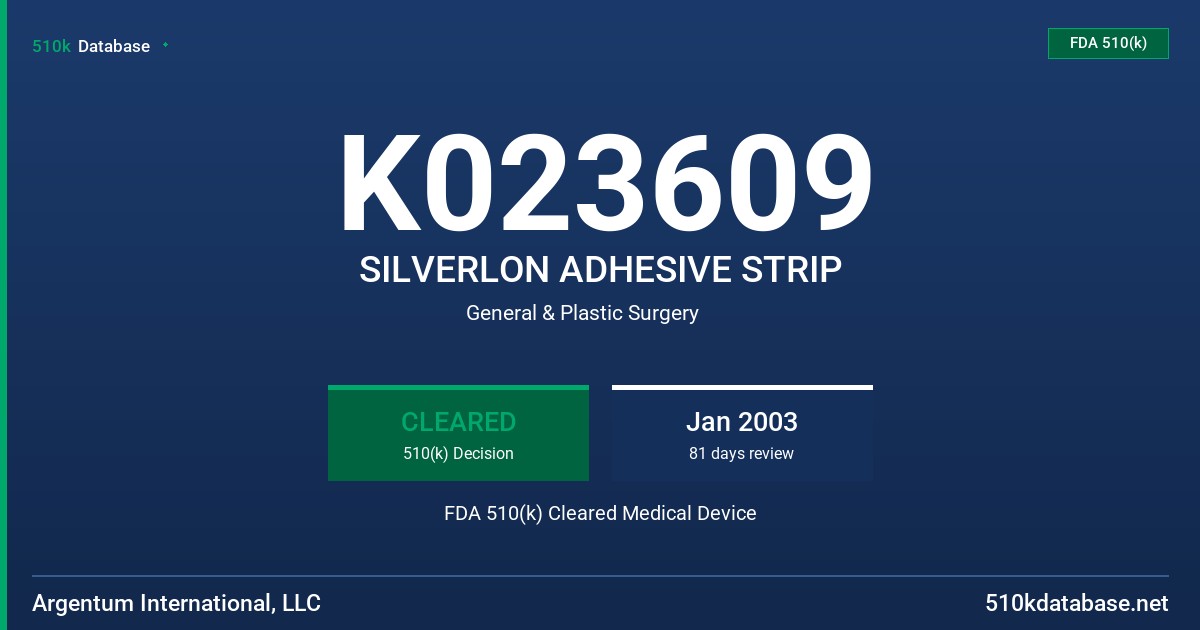 K023609 SILVERLON ADHESIVE STRIP FDA 510(k) Cleared Medical Device