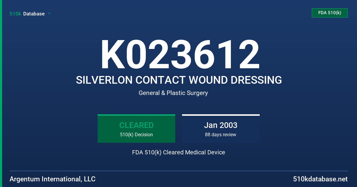 K023612 SILVERLON CONTACT WOUND DRESSING FDA 510(k) Cleared Medical Device