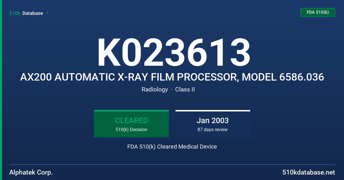 K023613 AX200 AUTOMATIC X-RAY FILM PROCESSOR, MODEL 6586.036 FDA 510(k) Cleared Medical Device