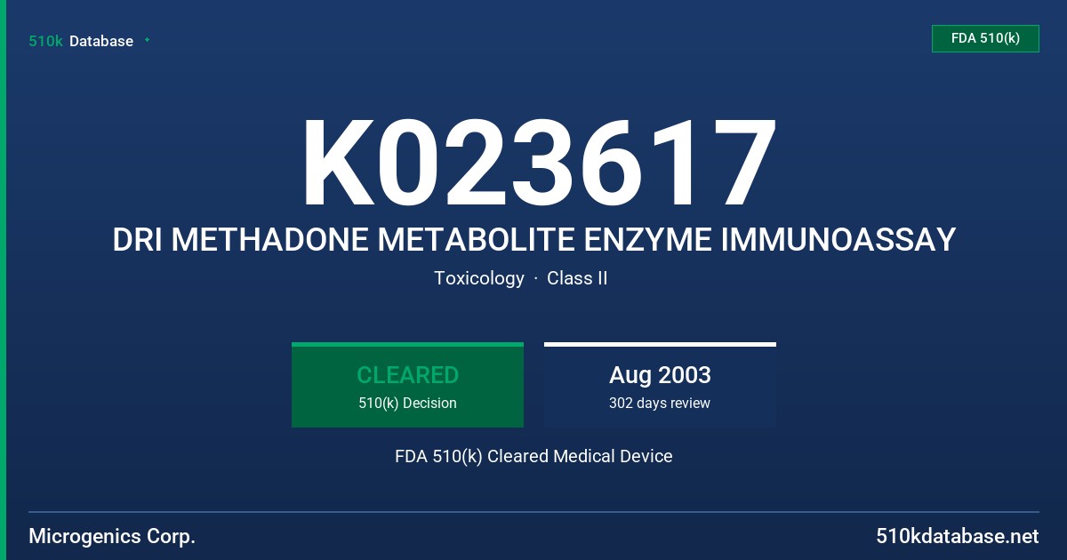 K023617 DRI METHADONE METABOLITE ENZYME IMMUNOASSAY FDA 510(k) Cleared Medical Device