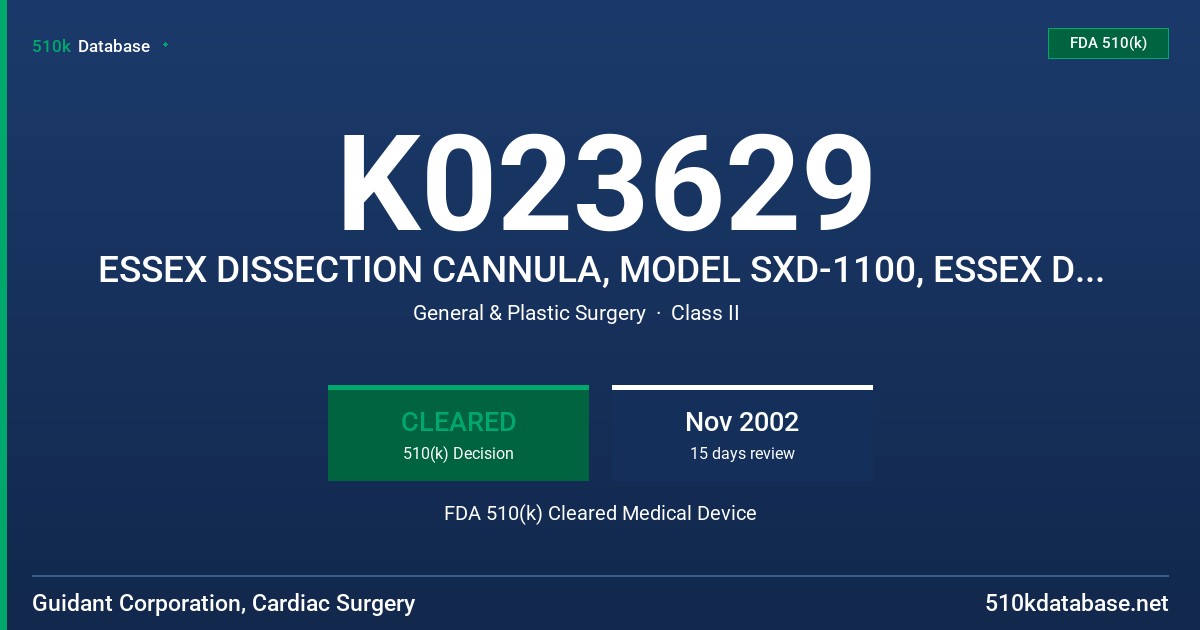 K023629 ESSEX DISSECTION CANNULA, MODEL SXD-1100, ESSEX DISSECTION TIP, MODEL SXD-1200 FDA 510(k) Cleared Medical Device