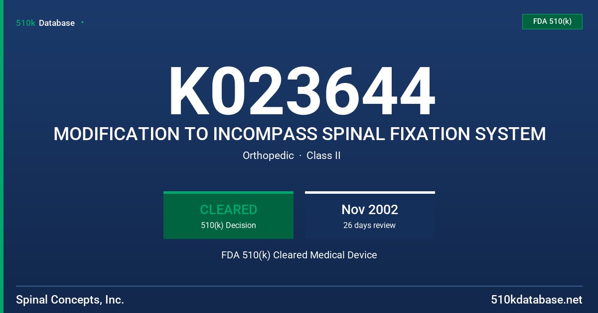 K023644 MODIFICATION TO INCOMPASS SPINAL FIXATION SYSTEM FDA 510(k) Cleared Medical Device