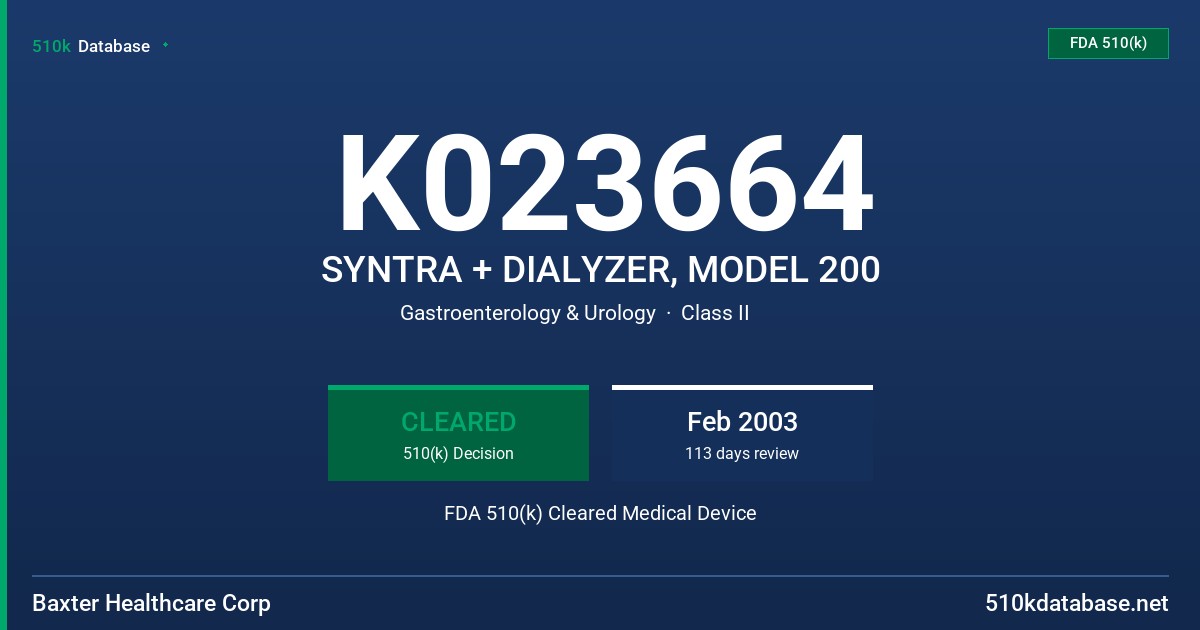 K023664 SYNTRA + DIALYZER, MODEL 200 FDA 510(k) Cleared Medical Device
