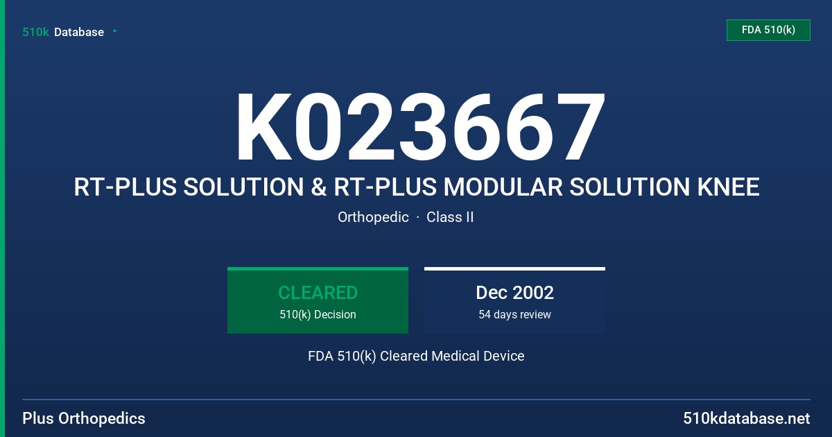 K023667 RT-PLUS SOLUTION & RT-PLUS MODULAR SOLUTION KNEE FDA 510(k) Cleared Medical Device