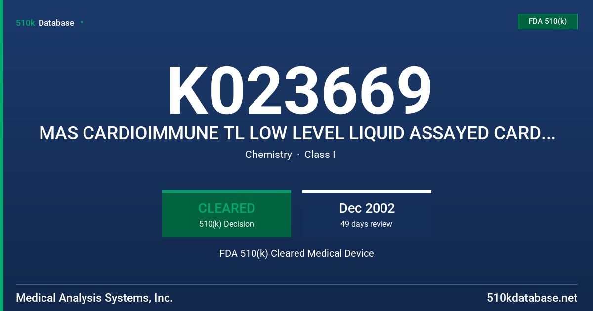 K023669 MAS CARDIOIMMUNE TL LOW LEVEL LIQUID ASSAYED CARDIAC MARKER CONTROL, DADE CARDIAC TL LOW LEVEL LIQUID ASSAYED CARDIAC MA FDA 510(k) Cleared Medical Device