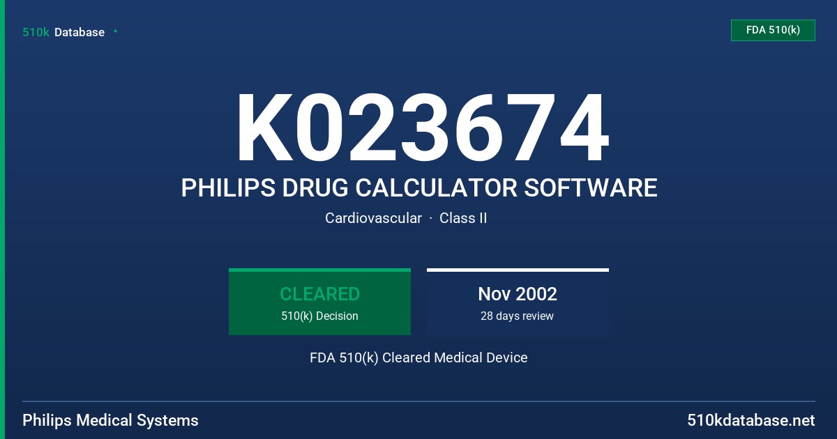 K023674 PHILIPS DRUG CALCULATOR SOFTWARE FDA 510(k) Cleared Medical Device