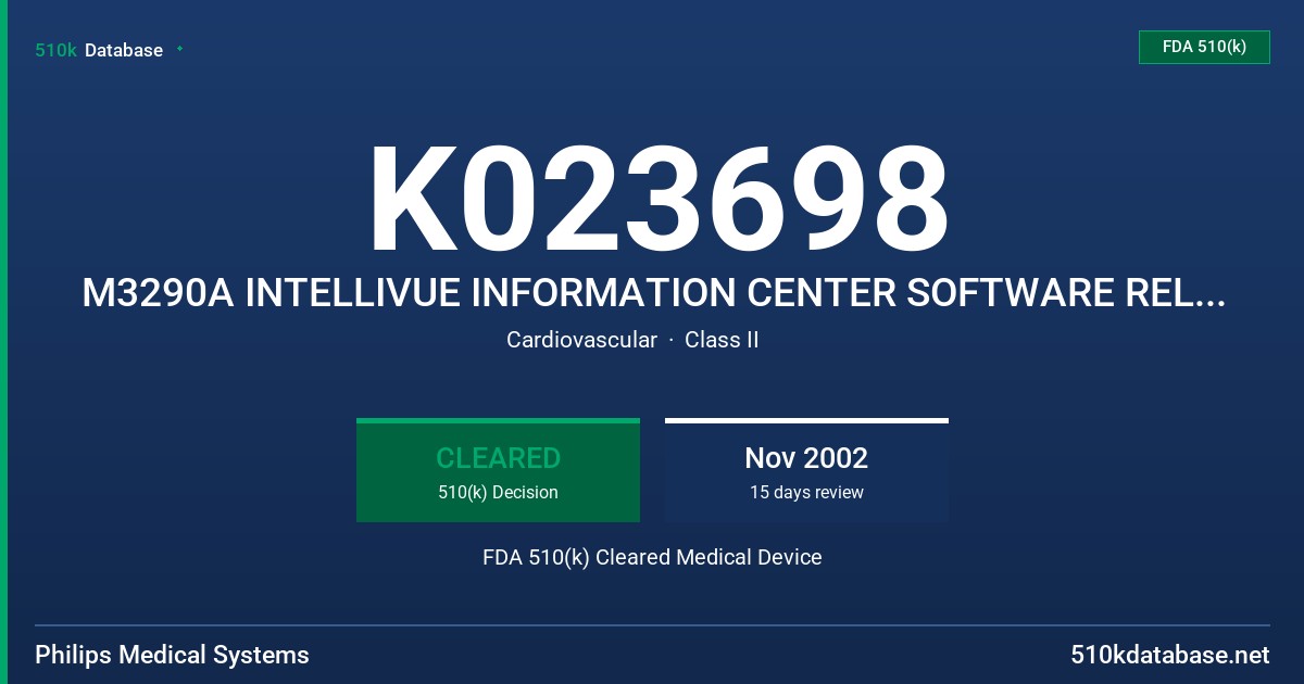 K023698 M3290A INTELLIVUE INFORMATION CENTER SOFTWARE RELEASE E.O FDA 510(k) Cleared Medical Device