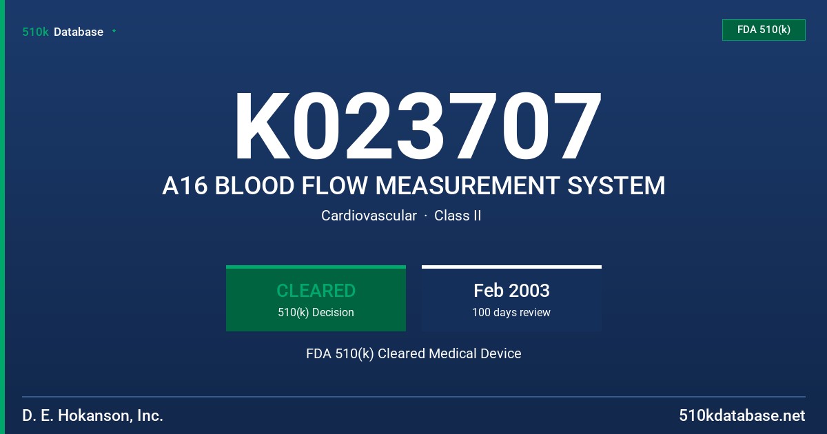 K023707 A16 BLOOD FLOW MEASUREMENT SYSTEM FDA 510(k) Cleared Medical Device