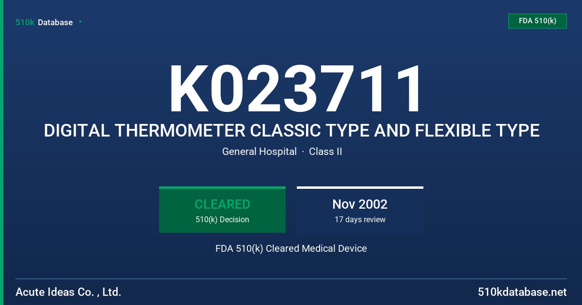 K023711 DIGITAL THERMOMETER CLASSIC TYPE AND FLEXIBLE TYPE FDA 510(k) Cleared Medical Device