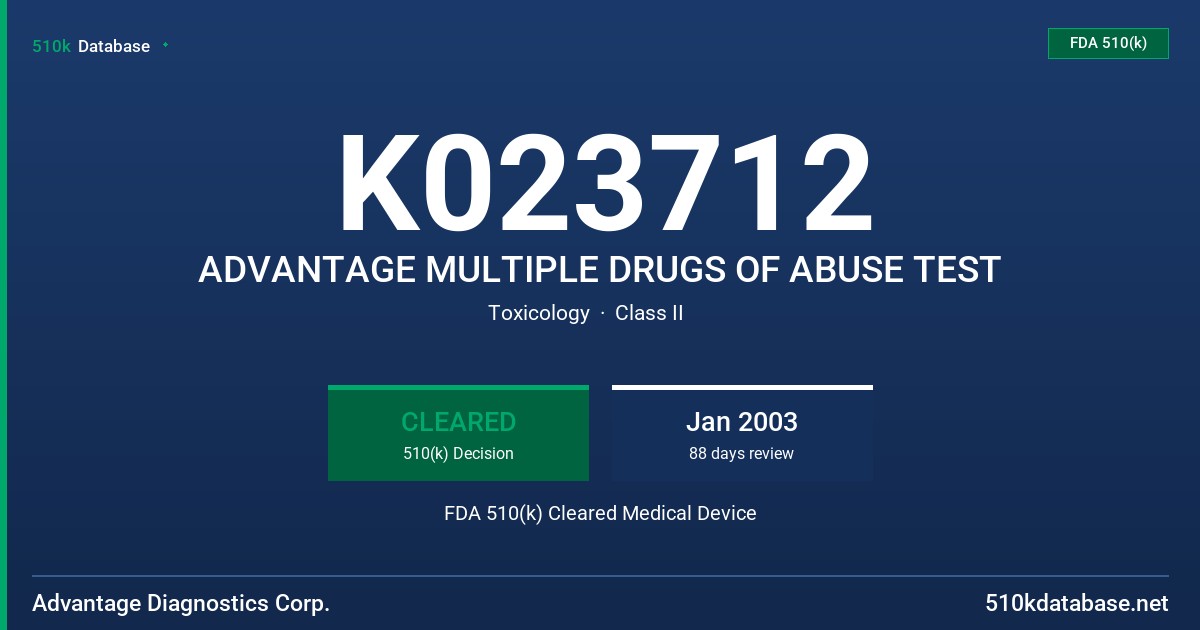K023712 ADVANTAGE MULTIPLE DRUGS OF ABUSE TEST FDA 510(k) Cleared Medical Device