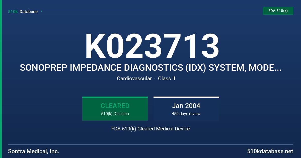 K023713 SONOPREP IMPEDANCE DIAGNOSTICS (IDX) SYSTEM, MODEL D1000 FDA 510(k) Cleared Medical Device