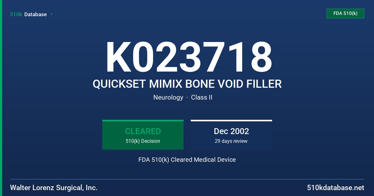 K023718 QUICKSET MIMIX BONE VOID FILLER FDA 510(k) Cleared Medical Device