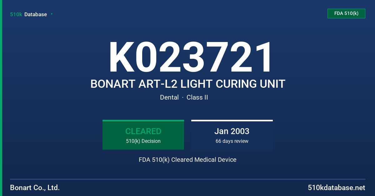 K023721 BONART ART-L2 LIGHT CURING UNIT FDA 510(k) Cleared Medical Device