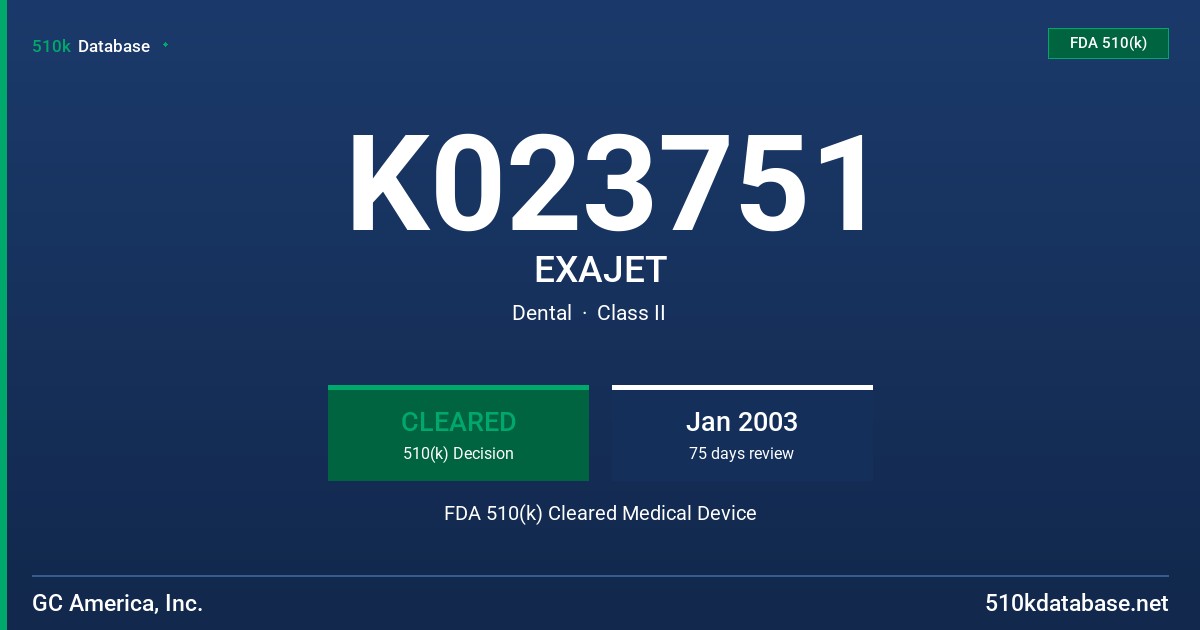 K023751 EXAJET FDA 510(k) Cleared Medical Device