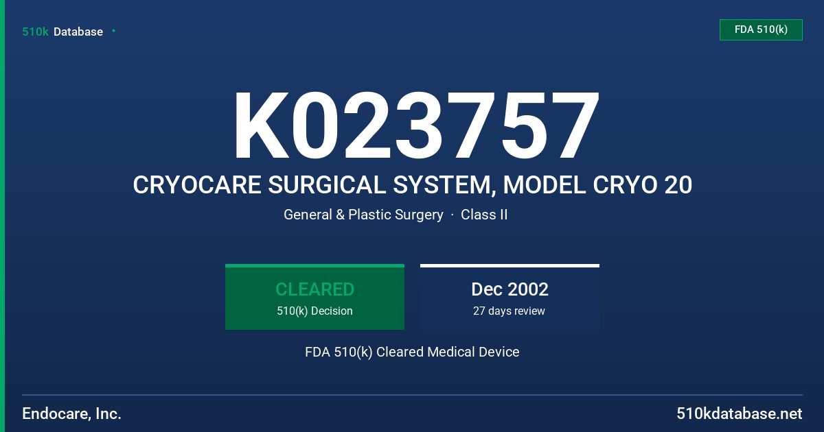 K023757 CRYOCARE SURGICAL SYSTEM, MODEL CRYO 20 FDA 510(k) Cleared Medical Device