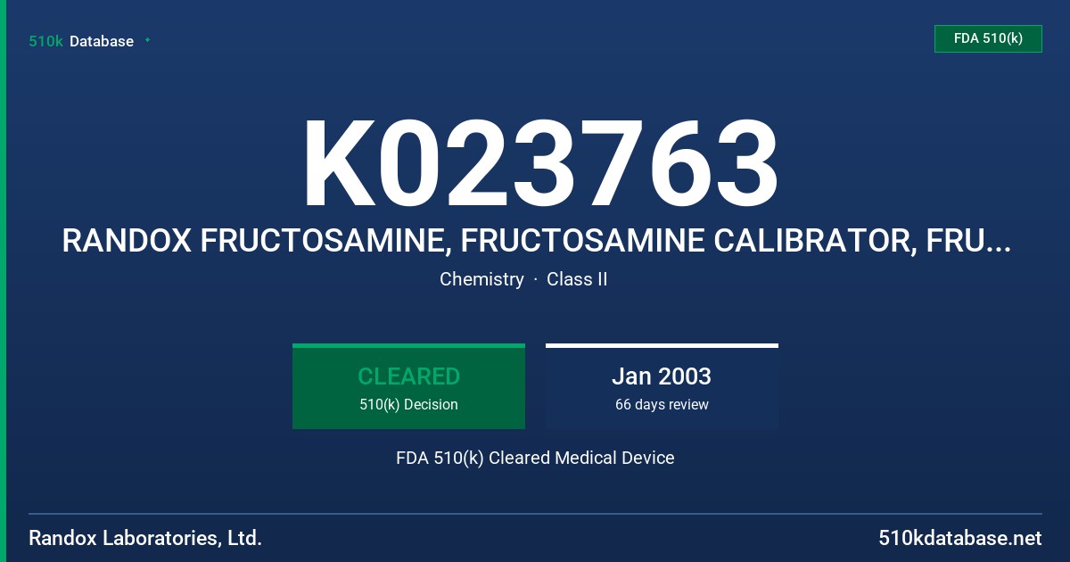 K023763 RANDOX FRUCTOSAMINE, FRUCTOSAMINE CALIBRATOR, FRUCTOSAMINE CONTROLS FDA 510(k) Cleared Medical Device