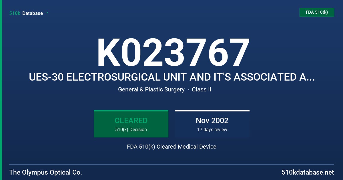 K023767 UES-30 ELECTROSURGICAL UNIT AND IT'S ASSOCIATED ACCESSORIES FDA 510(k) Cleared Medical Device