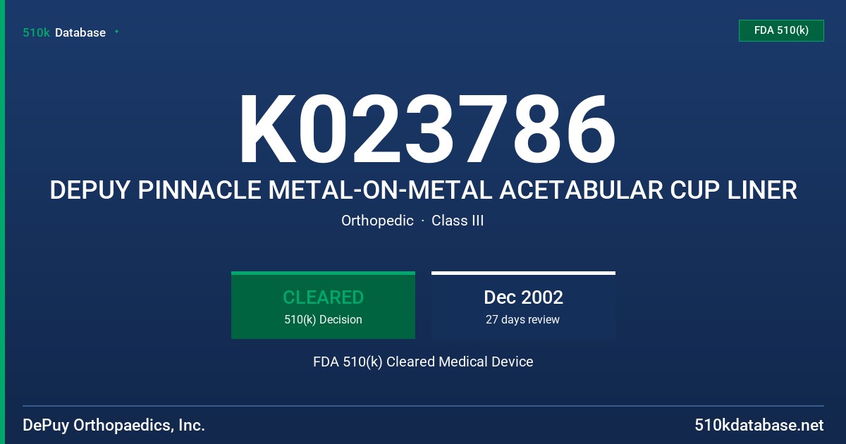K023786 DEPUY PINNACLE METAL-ON-METAL ACETABULAR CUP LINER FDA 510(k) Cleared Medical Device