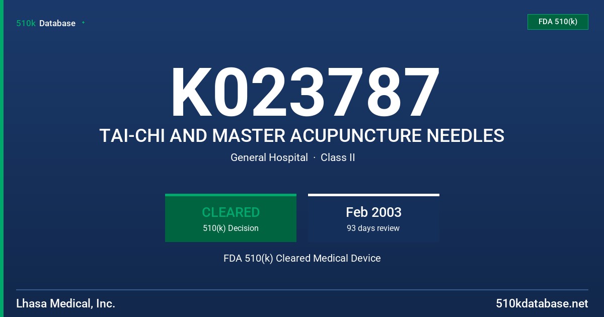 K023787 TAI-CHI AND MASTER ACUPUNCTURE NEEDLES FDA 510(k) Cleared Medical Device