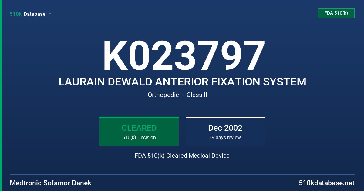 K023797 LAURAIN DEWALD ANTERIOR FIXATION SYSTEM FDA 510(k) Cleared Medical Device