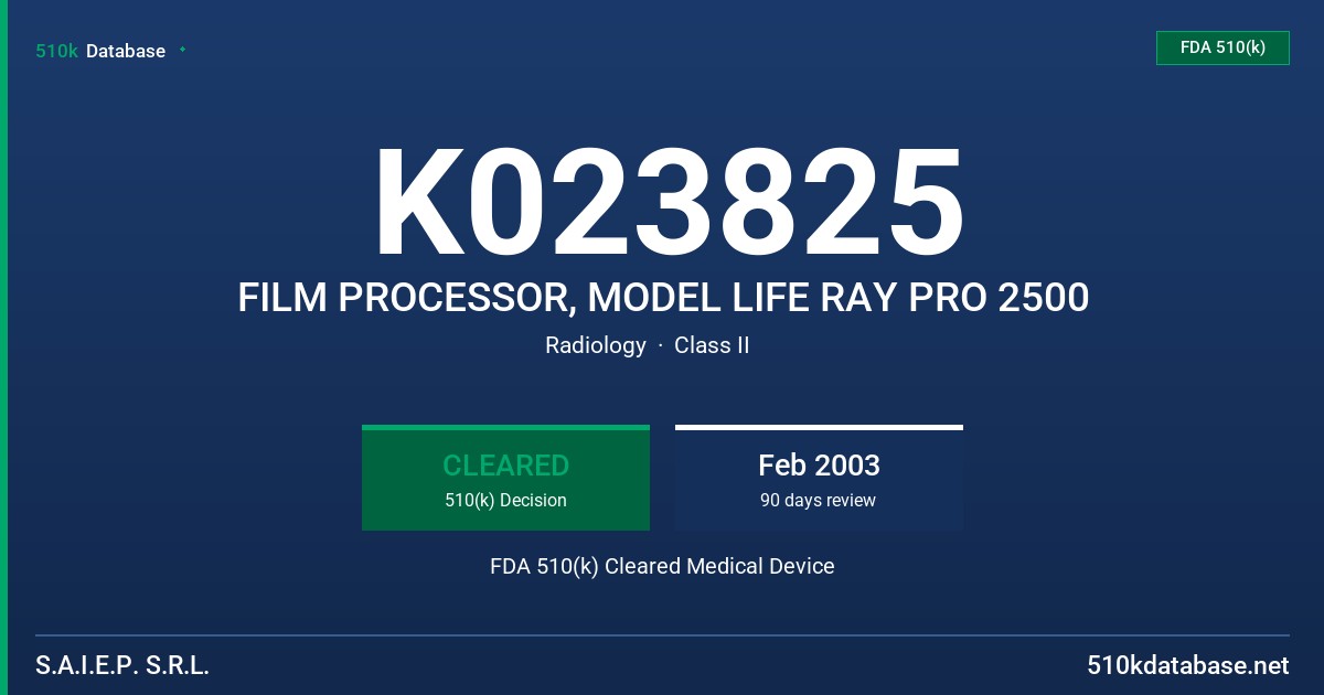 K023825 FILM PROCESSOR, MODEL LIFE RAY PRO 2500 FDA 510(k) Cleared Medical Device
