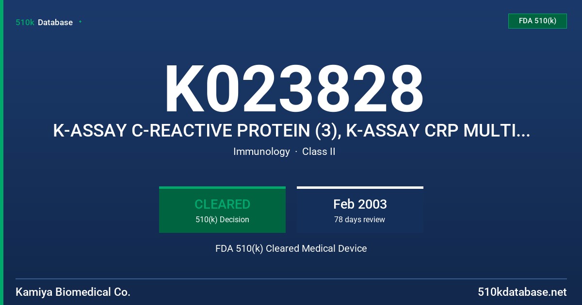 K023828 K-ASSAY C-REACTIVE PROTEIN (3), K-ASSAY CRP MULTI-CALIBRATOR D, K-ASSAY CRP MULTI-CALIBRATOR E, K-ASSAY CRP MULTI-CALIBR FDA 510(k) Cleared Medical Device