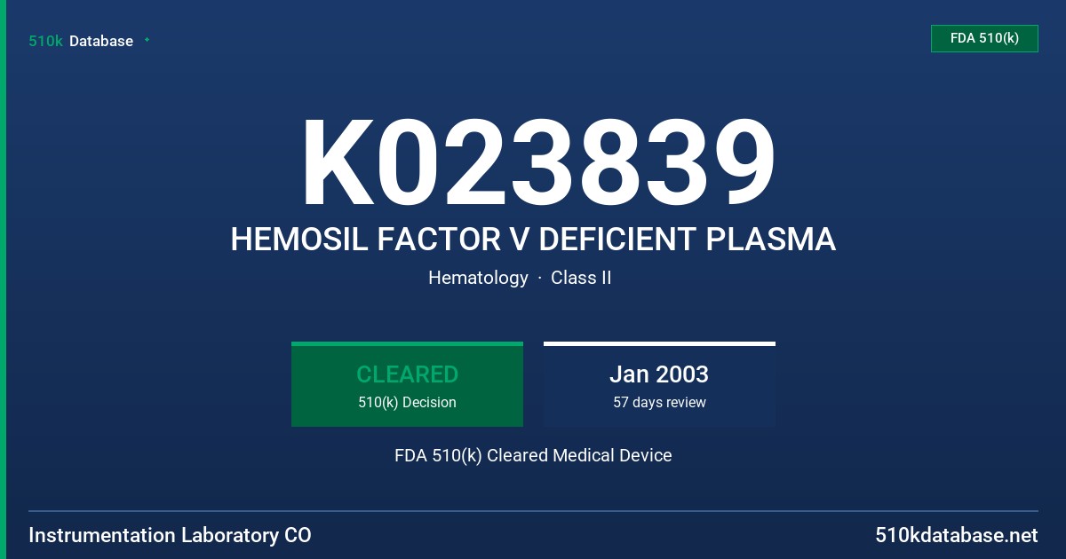 K023839 HEMOSIL FACTOR V DEFICIENT PLASMA FDA 510(k) Cleared Medical Device