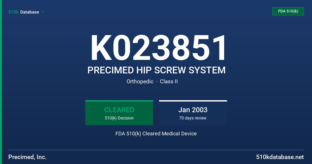 K023851 PRECIMED HIP SCREW SYSTEM FDA 510(k) Cleared Medical Device