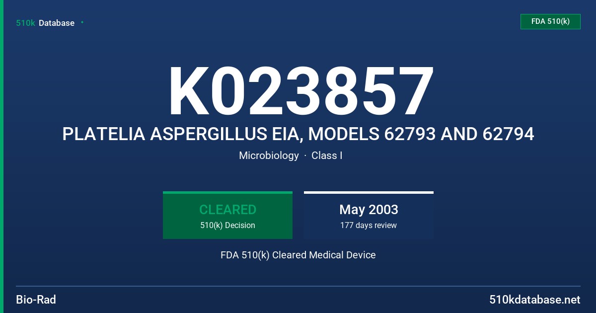 K023857 PLATELIA ASPERGILLUS EIA, MODELS 62793 AND 62794 FDA 510(k) Cleared Medical Device