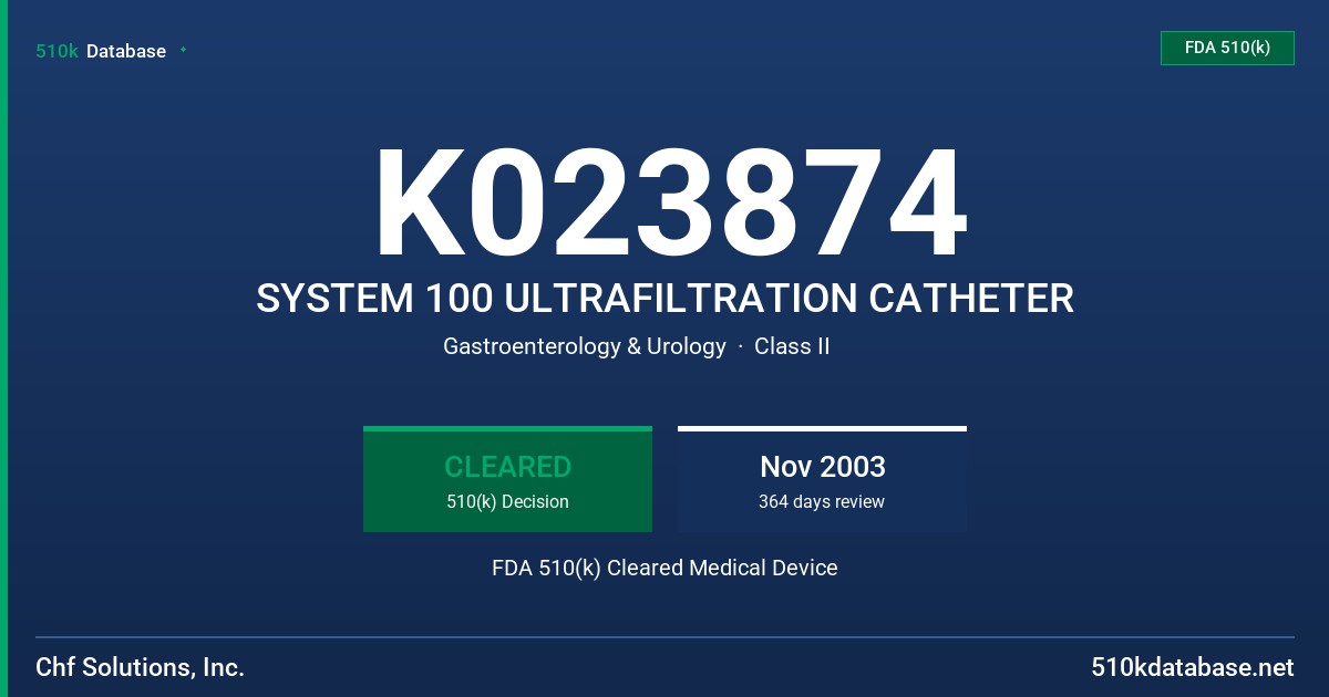 K023874 SYSTEM 100 ULTRAFILTRATION CATHETER FDA 510(k) Cleared Medical Device