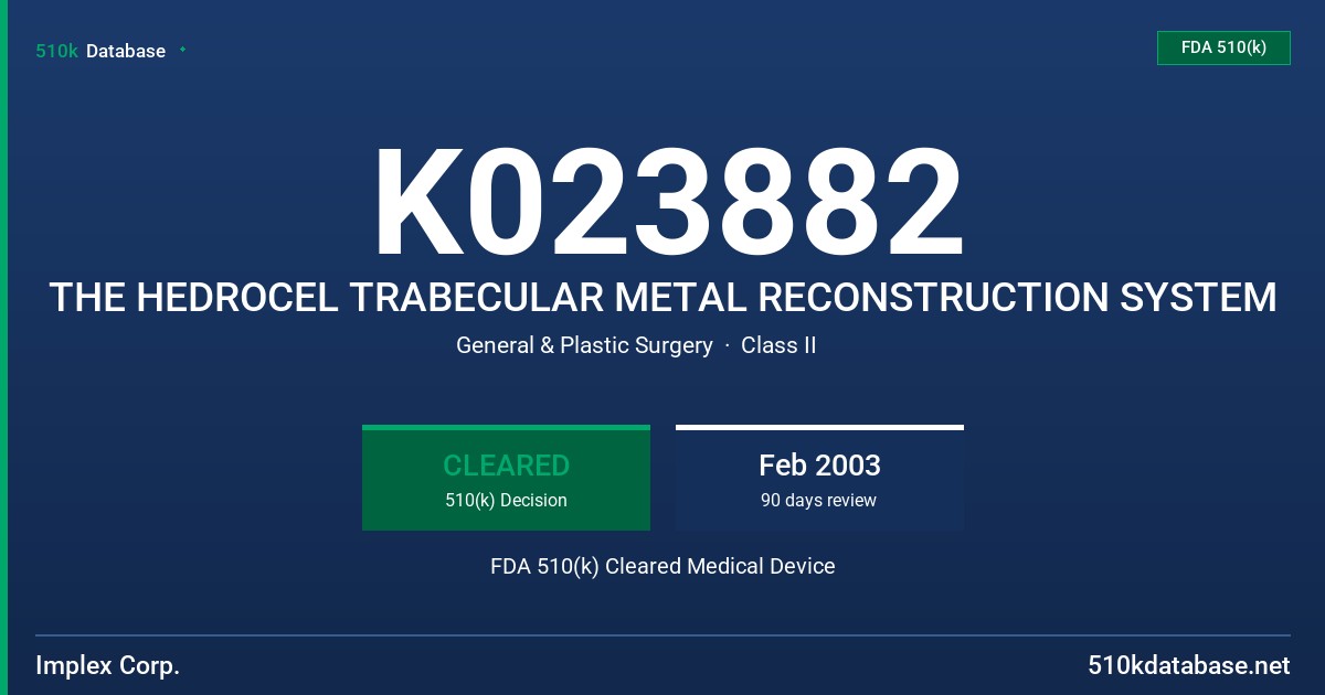 K023882 THE HEDROCEL TRABECULAR METAL RECONSTRUCTION SYSTEM FDA 510(k) Cleared Medical Device