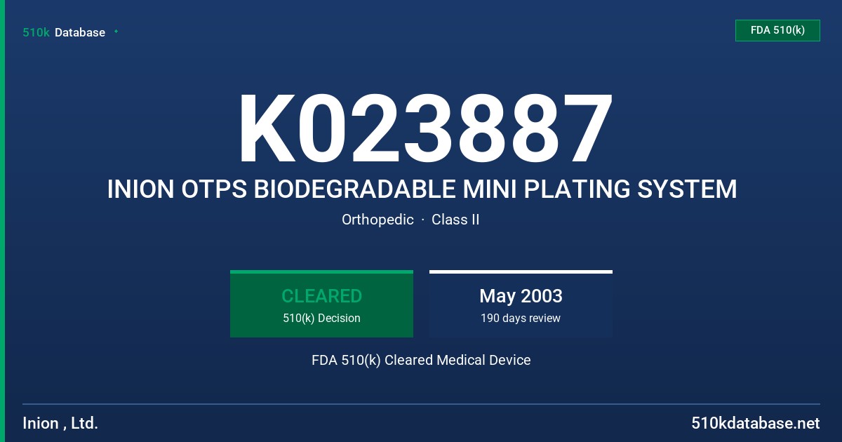 K023887 INION OTPS BIODEGRADABLE MINI PLATING SYSTEM FDA 510(k) Cleared Medical Device