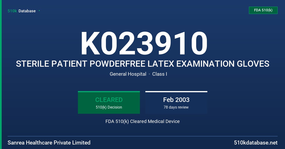 K023910 STERILE PATIENT POWDERFREE LATEX EXAMINATION GLOVES FDA 510(k) Cleared Medical Device