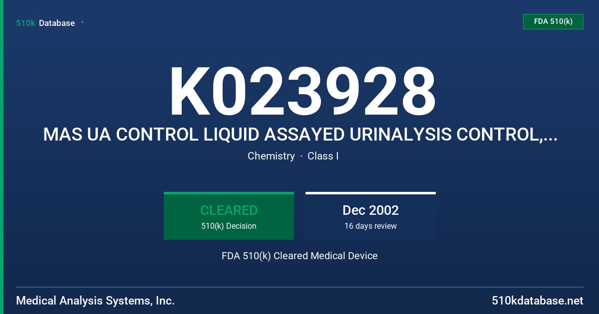K023928 MAS UA CONTROL LIQUID ASSAYED URINALYSIS CONTROL, DADE ASSAYED URINALYSIS CONTROL FDA 510(k) Cleared Medical Device