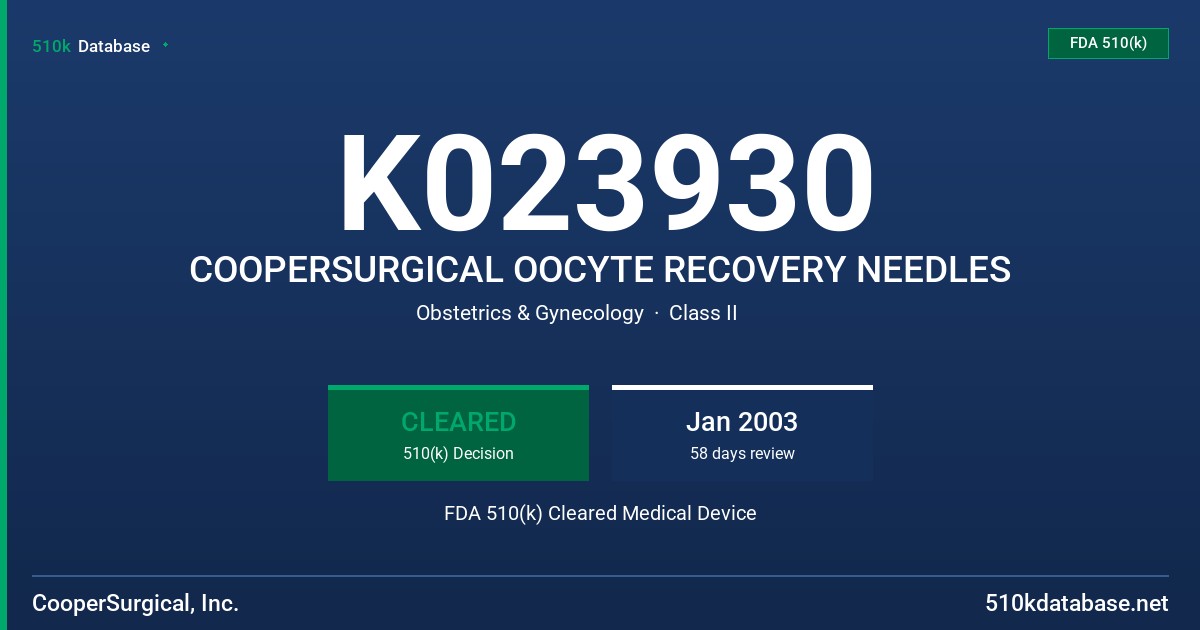 K023930 COOPERSURGICAL OOCYTE RECOVERY NEEDLES FDA 510(k) Cleared Medical Device