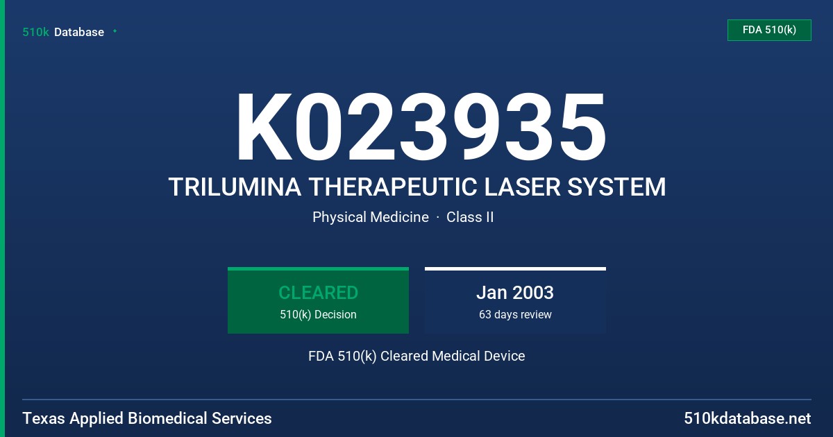 K023935 TRILUMINA THERAPEUTIC LASER SYSTEM FDA 510(k) Cleared Medical Device