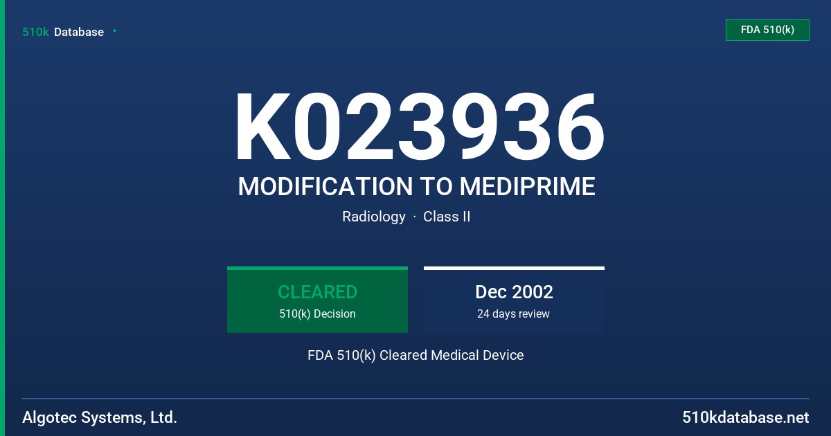 K023936 MODIFICATION TO MEDIPRIME FDA 510(k) Cleared Medical Device