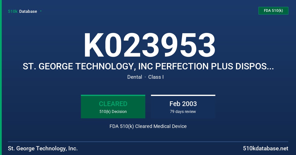 K023953 ST. GEORGE TECHNOLOGY, INC PERFECTION PLUS DISPOSABLE PROPHY ANGLE FDA 510(k) Cleared Medical Device