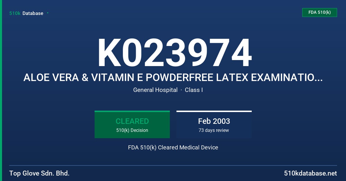 K023974 ALOE VERA & VITAMIN E POWDERFREE LATEX EXAMINATION GLOVES FDA 510(k) Cleared Medical Device