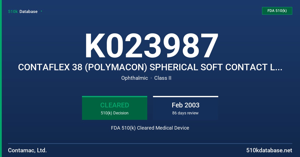 K023987 CONTAFLEX 38 (POLYMACON) SPHERICAL SOFT CONTACT LENS FOR DAILY WEAR (CLEAR AND TINTED, LATHE-CUT) FDA 510(k) Cleared Medical Device