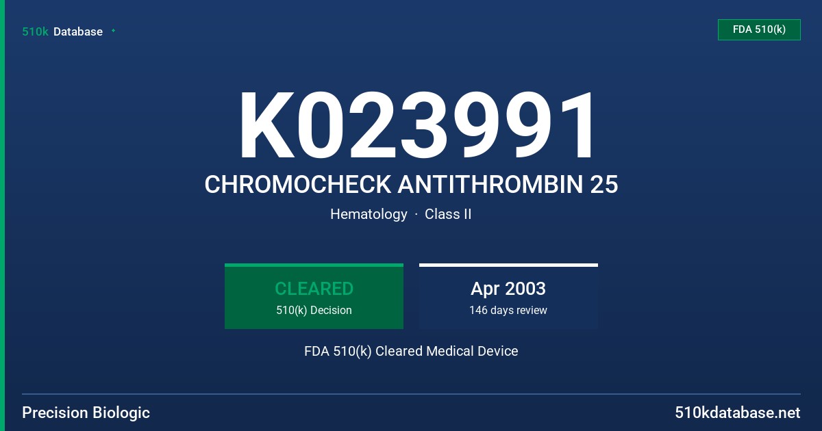 K023991 CHROMOCHECK ANTITHROMBIN 25 FDA 510(k) Cleared Medical Device