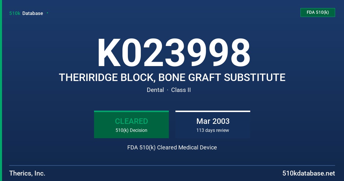 K023998 THERIRIDGE BLOCK, BONE GRAFT SUBSTITUTE FDA 510(k) Cleared Medical Device