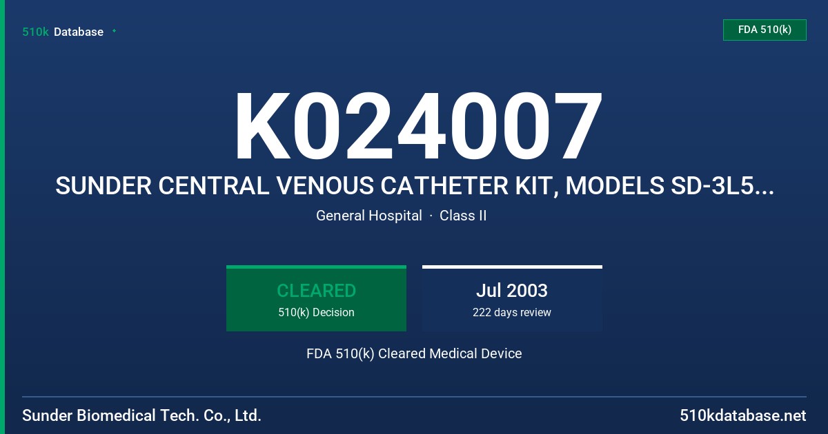 K024007 SUNDER CENTRAL VENOUS CATHETER KIT, MODELS SD-3L55F30J AND SD-3L70F30J FDA 510(k) Cleared Medical Device