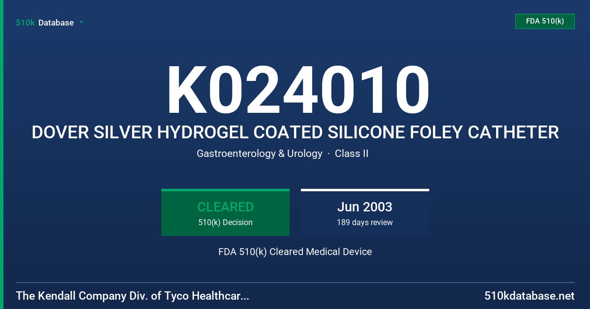 K024010 DOVER SILVER HYDROGEL COATED SILICONE FOLEY CATHETER FDA 510(k) Cleared Medical Device