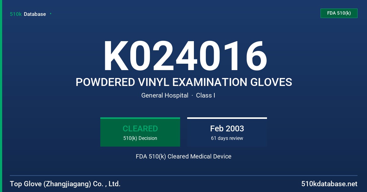 K024016 POWDERED VINYL EXAMINATION GLOVES FDA 510(k) Cleared Medical Device