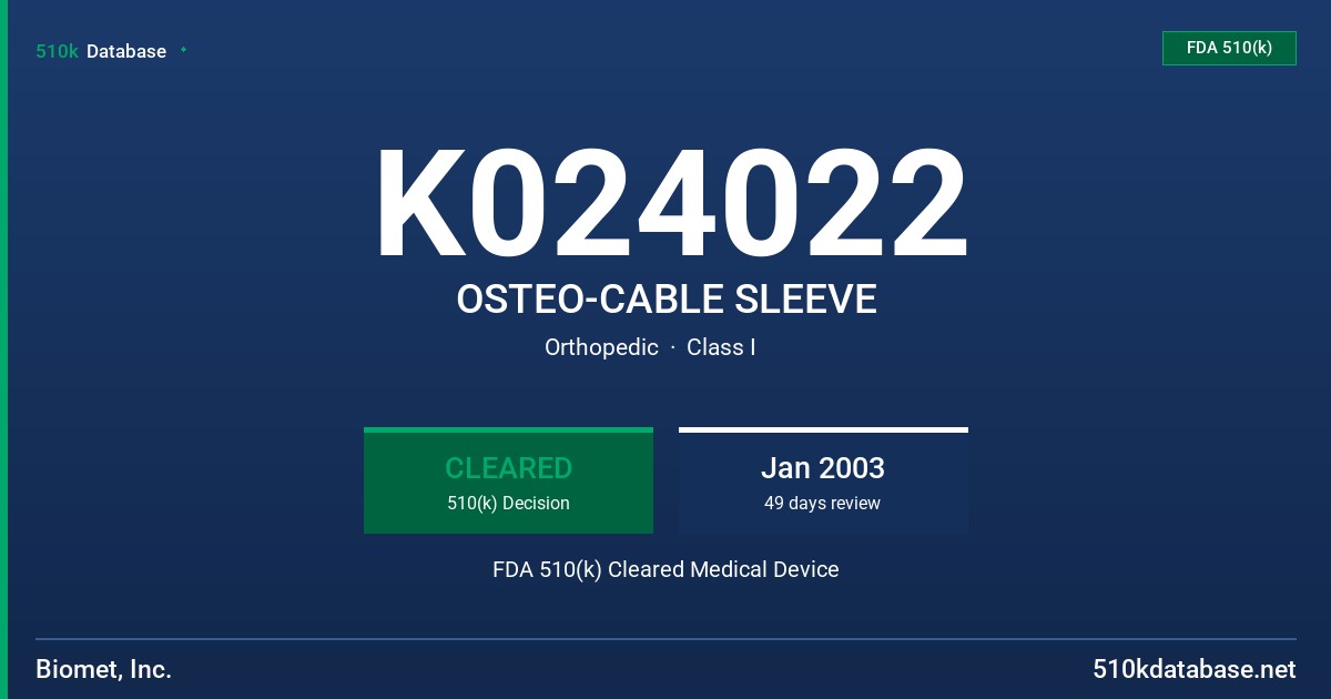 K024022 OSTEO-CABLE SLEEVE FDA 510(k) Cleared Medical Device