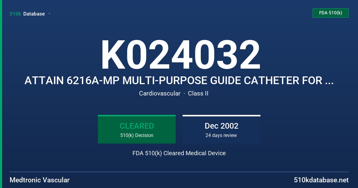 K024032 ATTAIN 6216A-MP MULTI-PURPOSE GUIDE CATHETER FOR LEFT-HEART DELIVERY FDA 510(k) Cleared Medical Device